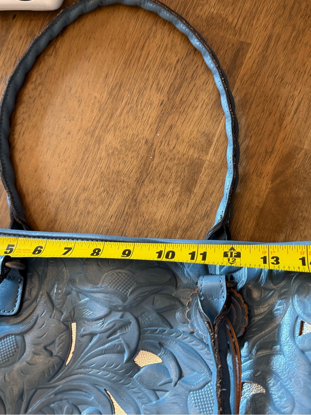 PATRICIA NASH “ADELINE” SAFFLOWER BLUE LEATHER CUT-OUT TOOLED EMBOSSED TOTE - Picture 6 of 16